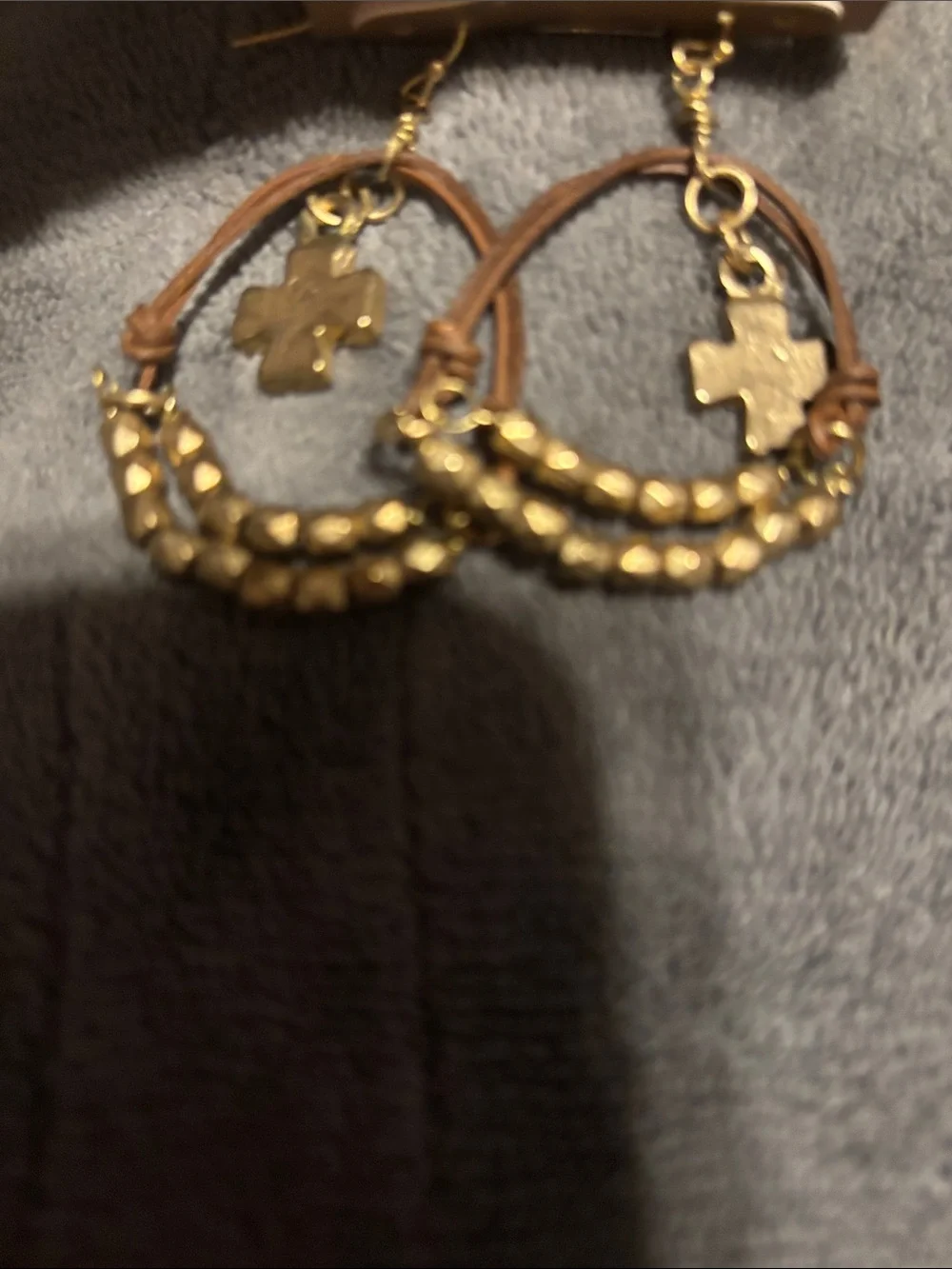 rave Gold & Brown Cross Hoop Earrings with Beaded Detail
